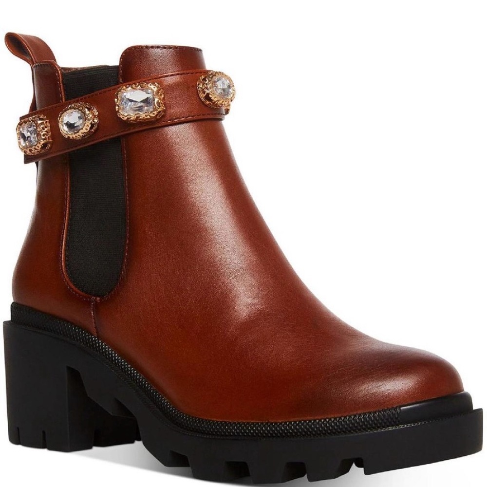 Steve Madden NWOB Amulet Brown Real Leather Block Heel Chelsea Boots Shoes 8